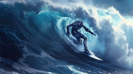 Wall Mural - robot surfer riding wave: a robot surfer maintaining balance and grace while riding a massive wave.