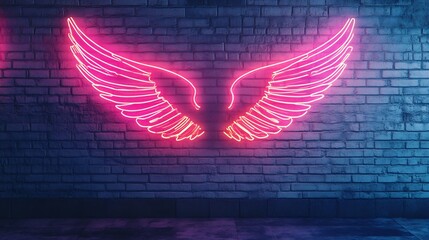 Wall Mural - Pink Neon Wings on Brick Wall