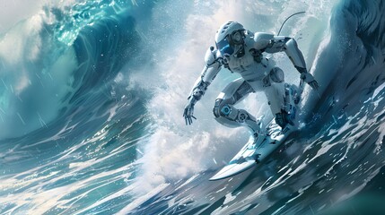 Wall Mural - robot surfer riding wave: a robot surfer maintaining balance and grace while riding a massive wave.