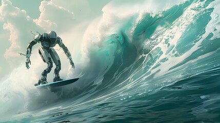 Wall Mural - robot surfer riding wave: a robot surfer maintaining balance and grace while riding a massive wave.