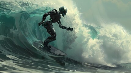 Wall Mural - robot surfer riding wave: a robot surfer maintaining balance and grace while riding a massive wave.