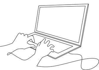 continuous oneline hand are typing on a laptop design vector