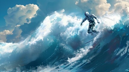 Wall Mural - robot surfer riding wave: a robot surfer maintaining balance and grace while riding a massive wave.
