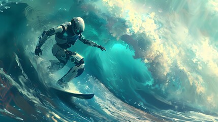 Wall Mural - robot surfer riding wave: a robot surfer maintaining balance and grace while riding a massive wave.