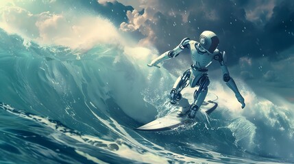Wall Mural - robot surfer riding wave: a robot surfer maintaining balance and grace while riding a massive wave.
