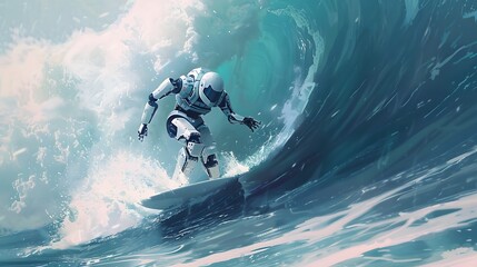 Wall Mural - robot surfer riding wave: a robot surfer maintaining balance and grace while riding a massive wave.