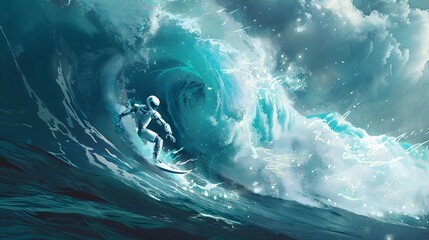 Wall Mural - robot surfer riding wave: a robot surfer maintaining balance and grace while riding a massive wave.