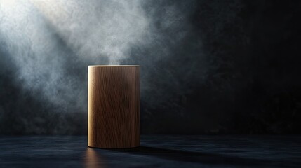 Wooden cylinder stand on a dark abstract background, illuminated by a spotlight with smoke rising for a dramatic effect.