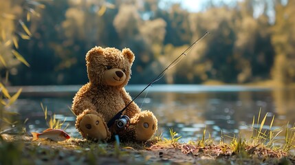 brown teddy bear sits by the lake with a fishing rod and catches fish