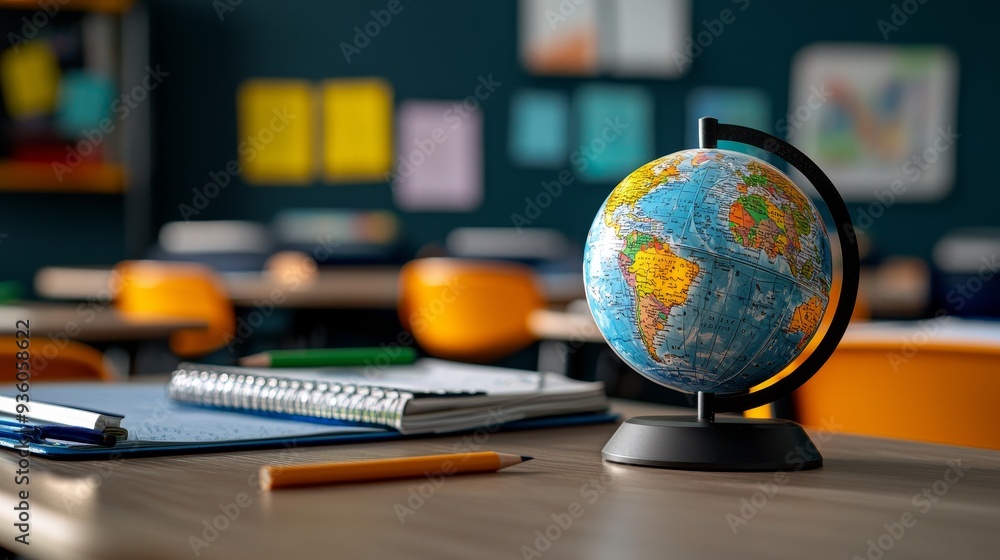 School classroom with a globe, maps, and geography lessons in progress ...