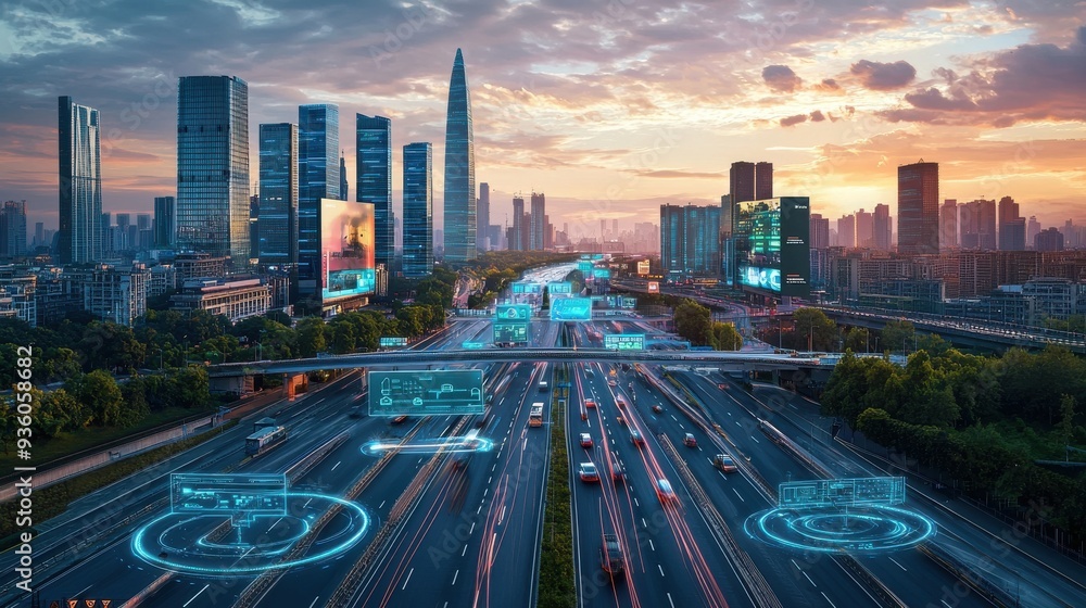 A smart city at dusk with skyscrapers and streets filled with ...