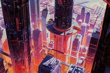 Futuristic Cityscape with Towering Buildings and Vibrant Colors