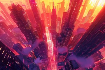 Wall Mural - Futuristic Cityscape with Red and Pink Skyscrapers