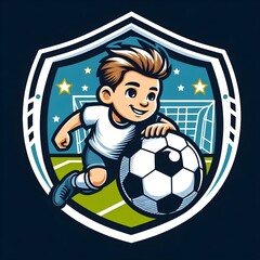 Football logo A boy plays soccer on a green field, demonstrating skill and excitement