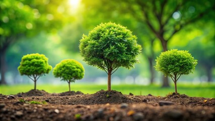 Wall Mural - Close up of small trees growing behind a lush green ground