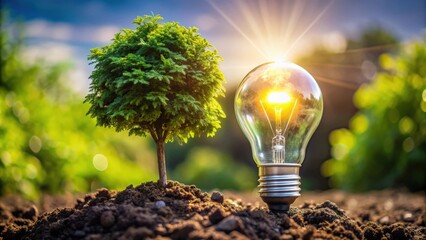 A unique lightbulb tree growing in soil under sunlight, symbolizing saving the world and energy power