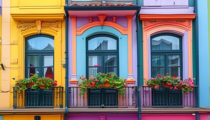 The colorful building exterior, the windows and balcony are beautifully decorated, full of life.