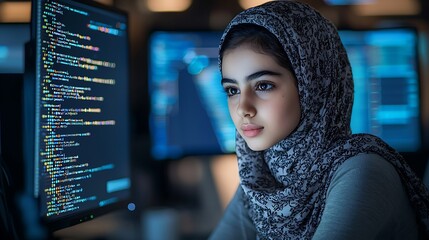 Muslim woman coder working on programming code on a computer, symbolizing the integration of diverse backgrounds in the tech industry.