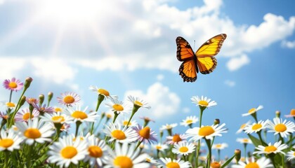 Spring summer landscape with field flowers of daisies and fluttering butterfly on background blue sky with clouds in nature. Colorful artistic image beauty of environment, ai