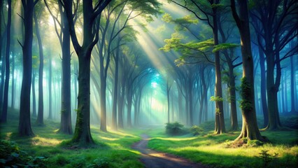 Wall Mural - Enchanted mistery forest with tall trees, fog, and mysterious shadows