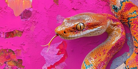 Orange snake close-up on mangent background with gold leaf and decorative plaster. Futuristic banner with reptile in vibrant colors and copy space