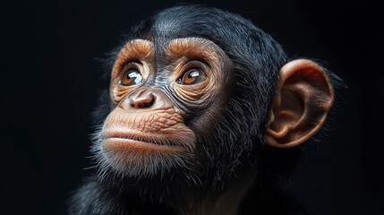 a close-up portrait of a young chimpanzee looking up with curious eyes against a dark background.
