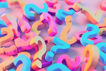 Multicolored question marks are scattered on a soft background, invoking wonderment, curiosity, and the quest for understanding.