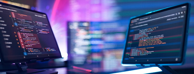 Notebook coding background business data analytics programming online,  digital world technology