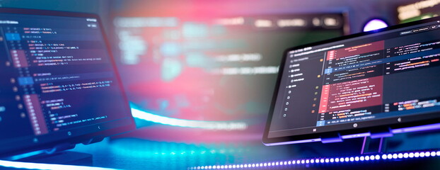 Programmer developer screen. Desktop PC monitor photo. IT business.