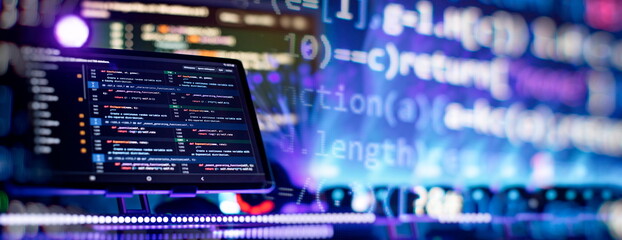 Coding script text on screen. Notebook closeup photo. Running Computer data programming.