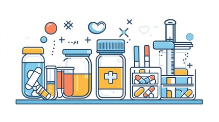 Colorful illustration of various medicine containers, including pills, syringes, and liquid vials on a shelf.