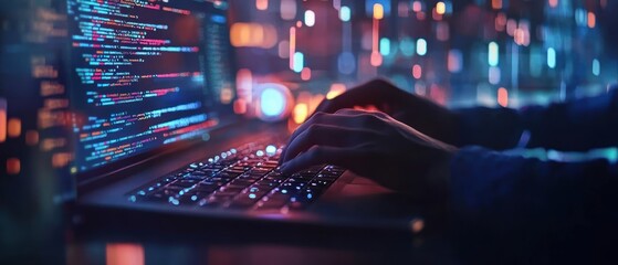 Hands Typing Code on a Laptop with a Blurred Background of Lights