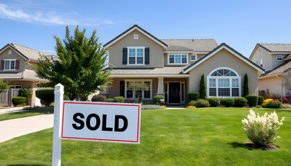 Sold sign in front of a house in a residential neighborhood, California isolated with white highlights, png