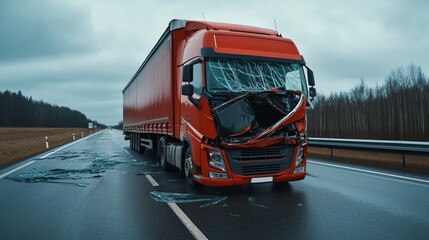 Sticker - A red semi-truck with a severely damaged front end and shattered windshield is on a deserted highway.