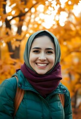 Wall Mural - Smiling Woman in Autumn Foliage