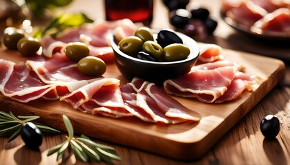 thin slices of prosciutto with mixed olives on wooden cutting board
