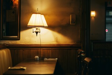 A warmly lit, cozy corner of a restaurant with a wooden table, chairs, and a classic wall lamp creating an inviting atmosphere.