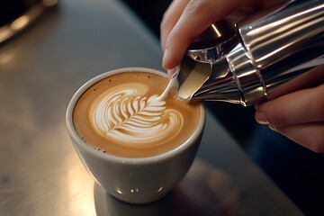 Poster - a barista’s hands carefully pouring steamed milk into a cup to create latte art