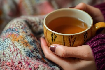 Poster - a person’s hands holding a warm mug of herbal tea, with a cozy blanket in the background