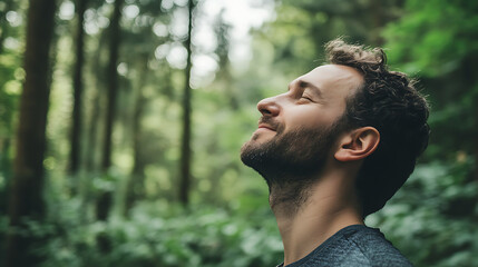 A calm adult man is inhaling fresh air in a forest with lush green trees in the background.