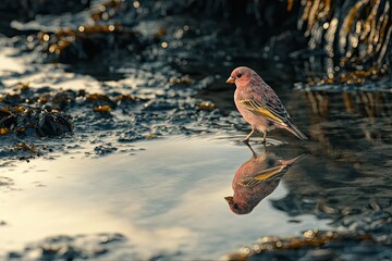 Wall Mural - At dawn a finch reflection is captured in tide pools