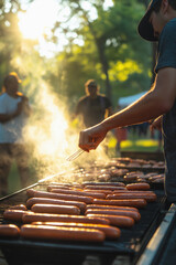 Man cooking hot dogs sausage on grill outside