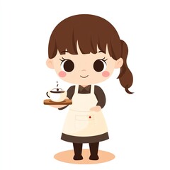 A cute cartoon character of a young woman in an apron, smiling while holding a cup of coffee on a wooden tray.