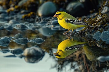 Wall Mural - At dawn a goldfinch reflection is captured in tide pools