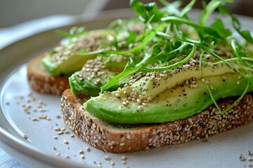 Canvas Print - fresh avocado toast on a plate, with vibrant greens and seeds sprinkled on top