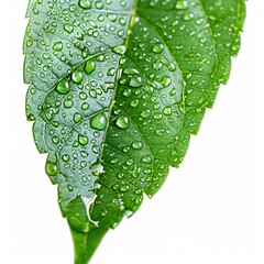 Close-up of fresh green leaves with dew drops and rain droplets highlighting the vibrant textures of nature in a lush garden setting