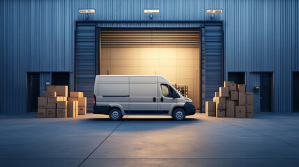 Outside a logistics warehouse with an open door, a delivery van is loaded with cardboard boxes, bringing online orders, purchases, e-commerce goods, and wholesale merchandise