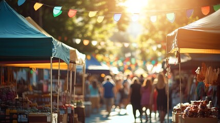 A vibrant street market with small businesses, colorful tents, and diverse local products, the scene bathed in natural sunlight with a soft blur on the background