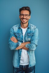 Handsome young man in a denim shirt and glasses holding hands and smiling.