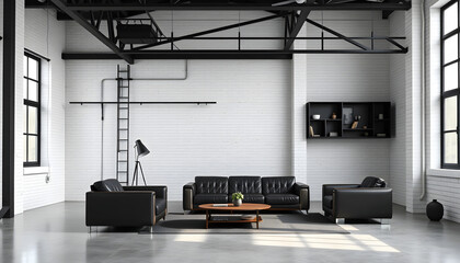 Industrial loft style office 3d render.There are white brick wall,polished concrete floor and black steel structure.Furnished with dark brown and black  leather furniture isolated with white highlig